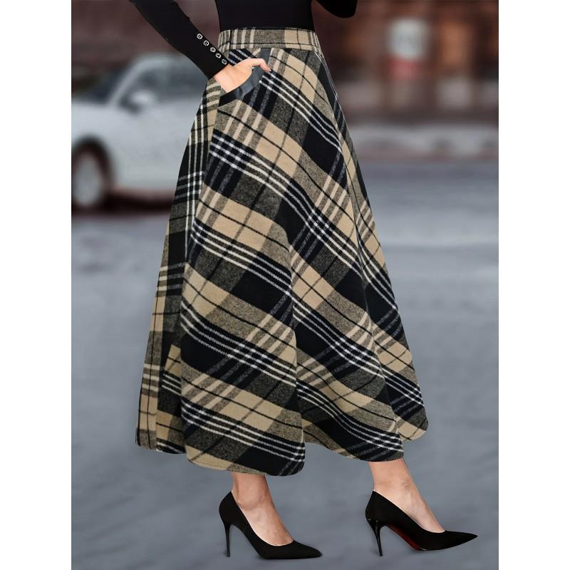 Womens Black White Plaid Wool Blend Midi Skirt With Large Pockets A-Line Office Wear Daily Commute