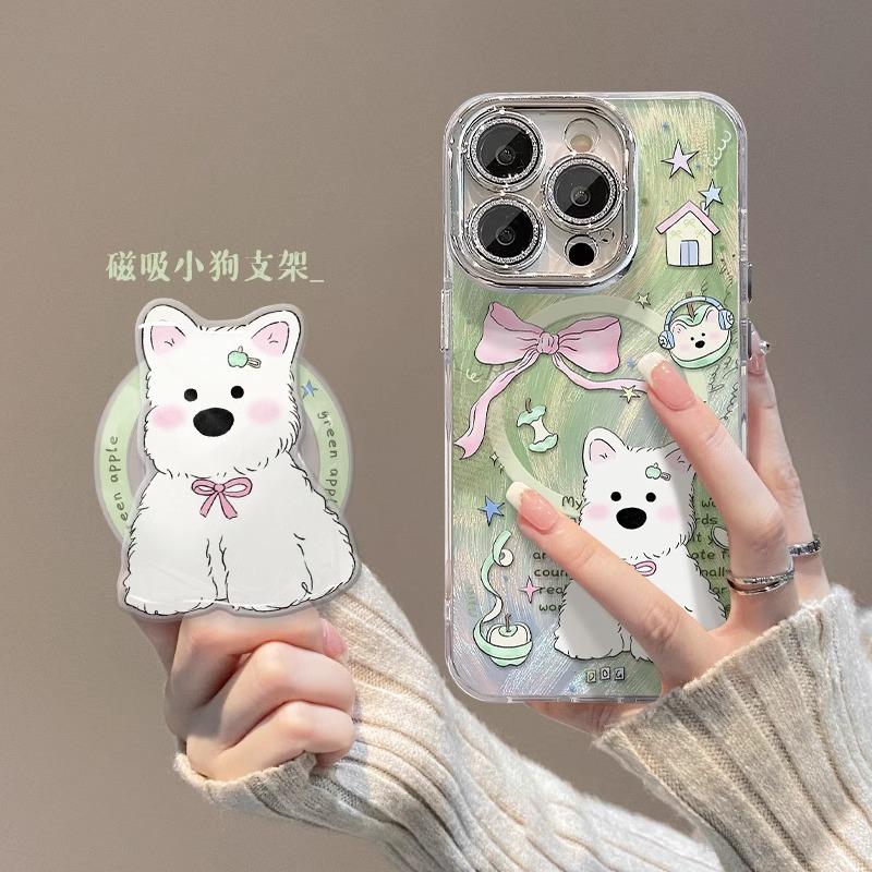 Cute animal magnetic suction bracket is suitable for Apple 15 feather yarn mobile phone case 14PRO all-inclusive lens film 13/12 premium.