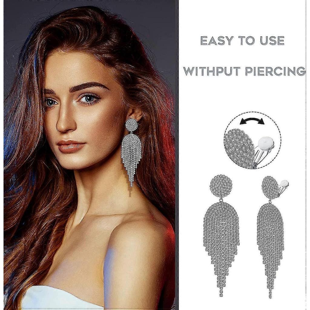 Clip on earrings for women elegant crystal long drop Dangle glans clip on rhinestone earrings - DD0