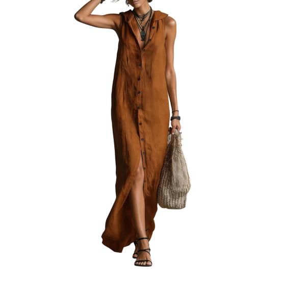 Hooded Sleeveless Maxi Dress for Women Button Down Casual Shirt Dress with Pockets Summer Beach Sweatshirt Long Dress