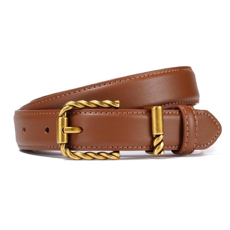 New Twist Buckle Leather Women's Belt, Retro Design First Layer Cowhide Needle Buckle with Jeans Pants Belt