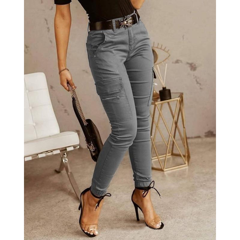 Pantaloni Cargo Casual da Donna alla Moda Vita Media Tinta Unita Tasche Abbigliamento da Lavoro Skinny Pantaloni a Sigaretta da Donna Pantaloni 759