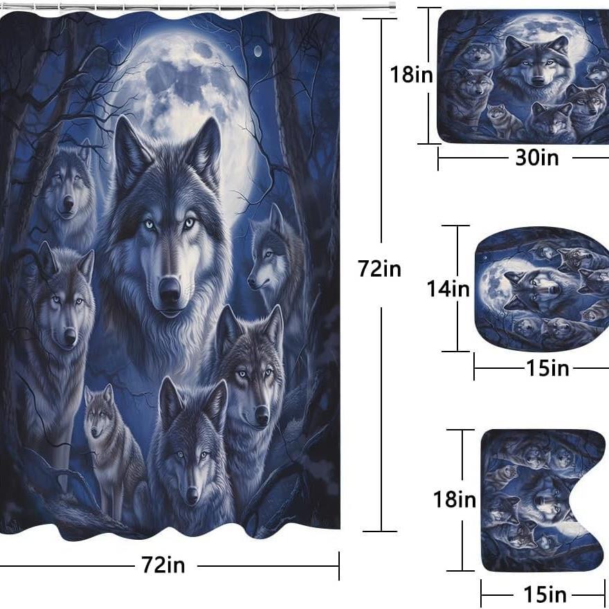 Wolves Under The Moon Four-Piece Bathroom Shower Curtain Floor Mat Three-Piece Toilet Cover