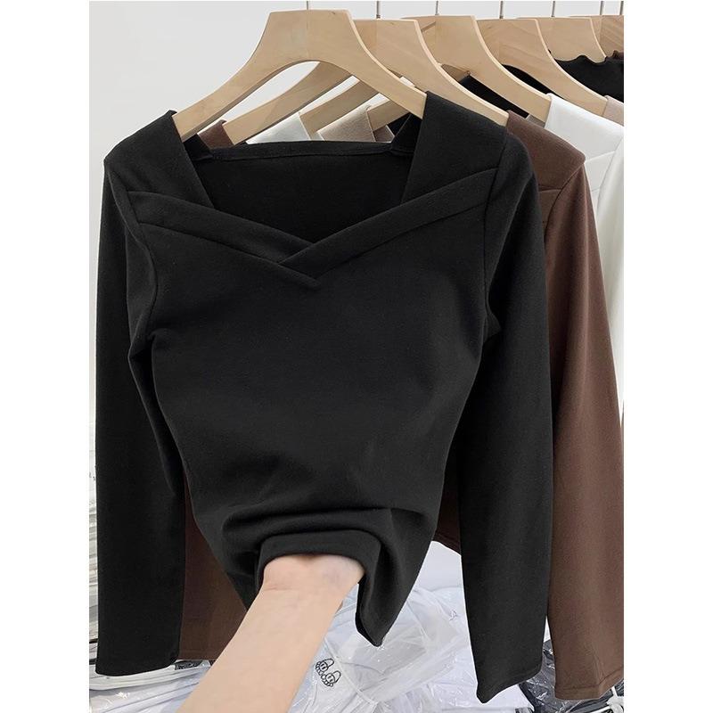

Solid color collar dew collarbone long-sleeved T-shirt women s autumn and winter German velvet polished warm bottoming shirt with outer top 2XL чёрный