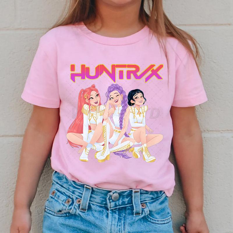 

Милая аниме K-pop футболка Demon Hunters Huntr/x для мальчиков девочек летняя с коротким рукавом повседневные топы футболки с круглым вырезом детская одежда 130