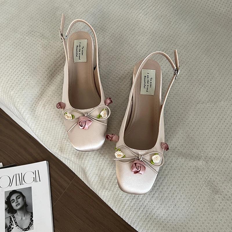 

Модные туфли Мэри Джейн на среднем каблуке, новые женские туфли 2024 года, элегантные туфли-лодочки с цветочным бантом и квадратным носком, балетки на толстом каблуке 35