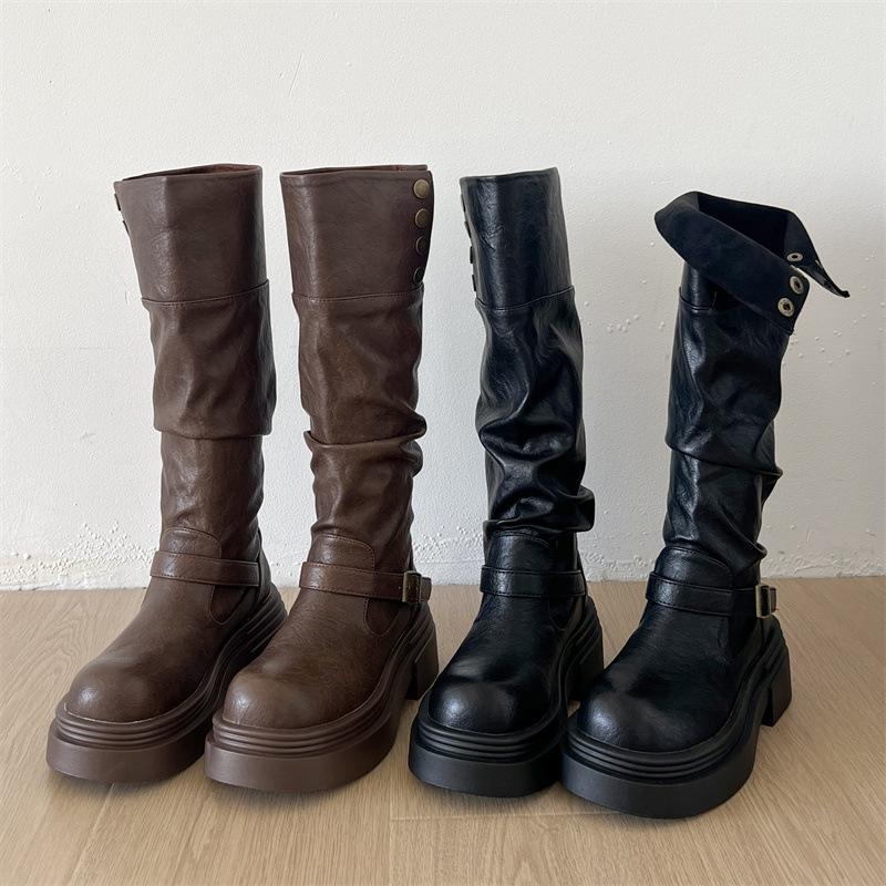 Black Retro British Style Thick Heel Platform Boots Women's 2025 New Spring and Autumn Season Height Increase and Thin Knight Boots
