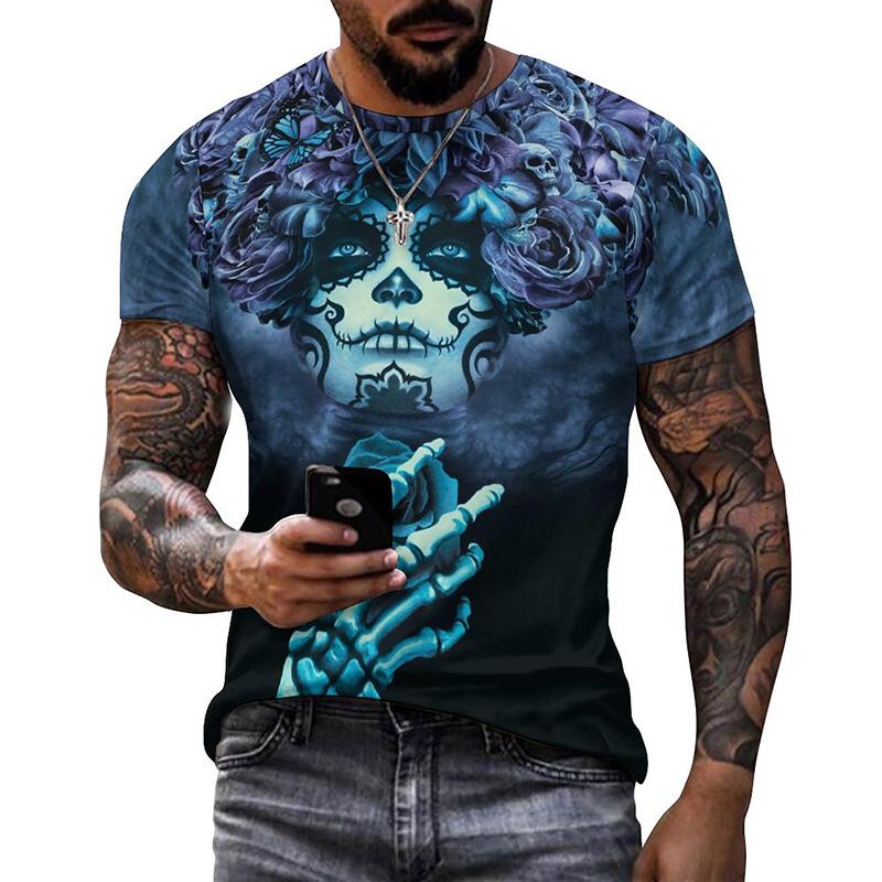 Summer Round Neck 3D Mexican Day of the Dead Skull Pattern Print Top Fashionable Casual Short Sleeved Men's T-shirts