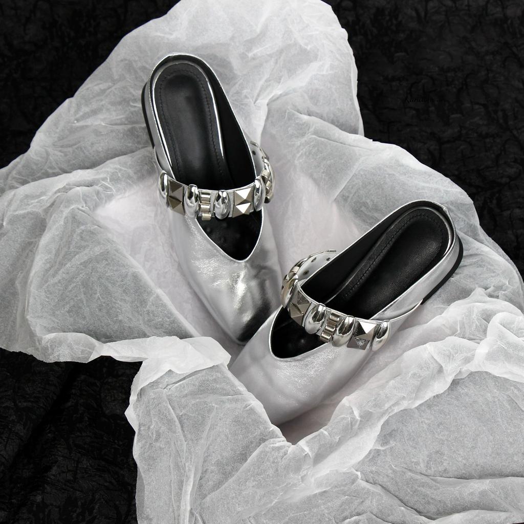 2025 Summer Square Head Rivets One Word with Bag Head Half Slippers Women's Inner Height French Temperament One Foot Cool Slippers