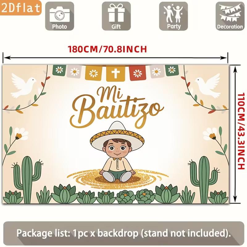 2D Mi Bautizo Photography Backdrop, Neutral Beige Cactus and Dove Baptism Background
