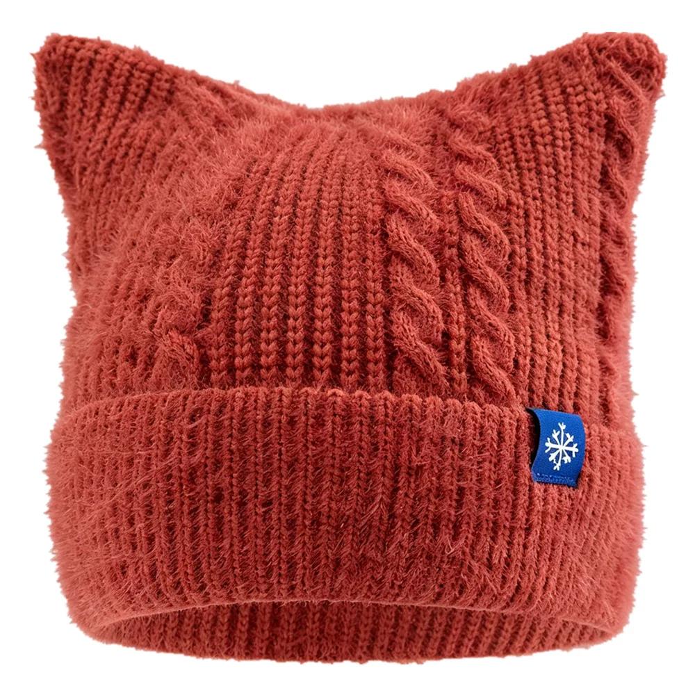 New Women And Girls Cat Ear Knit Beanie Hat, Cute Faux Fur Fluffy Candy‑Color Winter Hat, For Winter Daily Street Wear