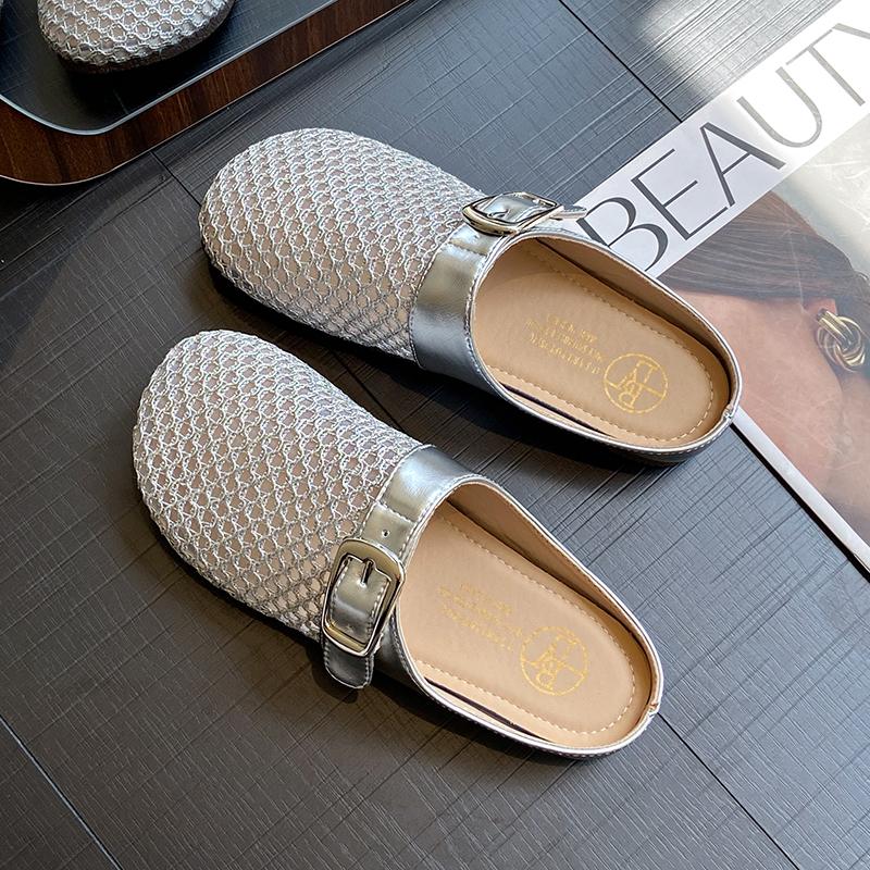 Fashion CRLAYDK Mule for Women Backless Loafers Slip On Mesh Hollow Out Flat Casual Walking Ladies Slides Closed Toe Buckle Slippers
