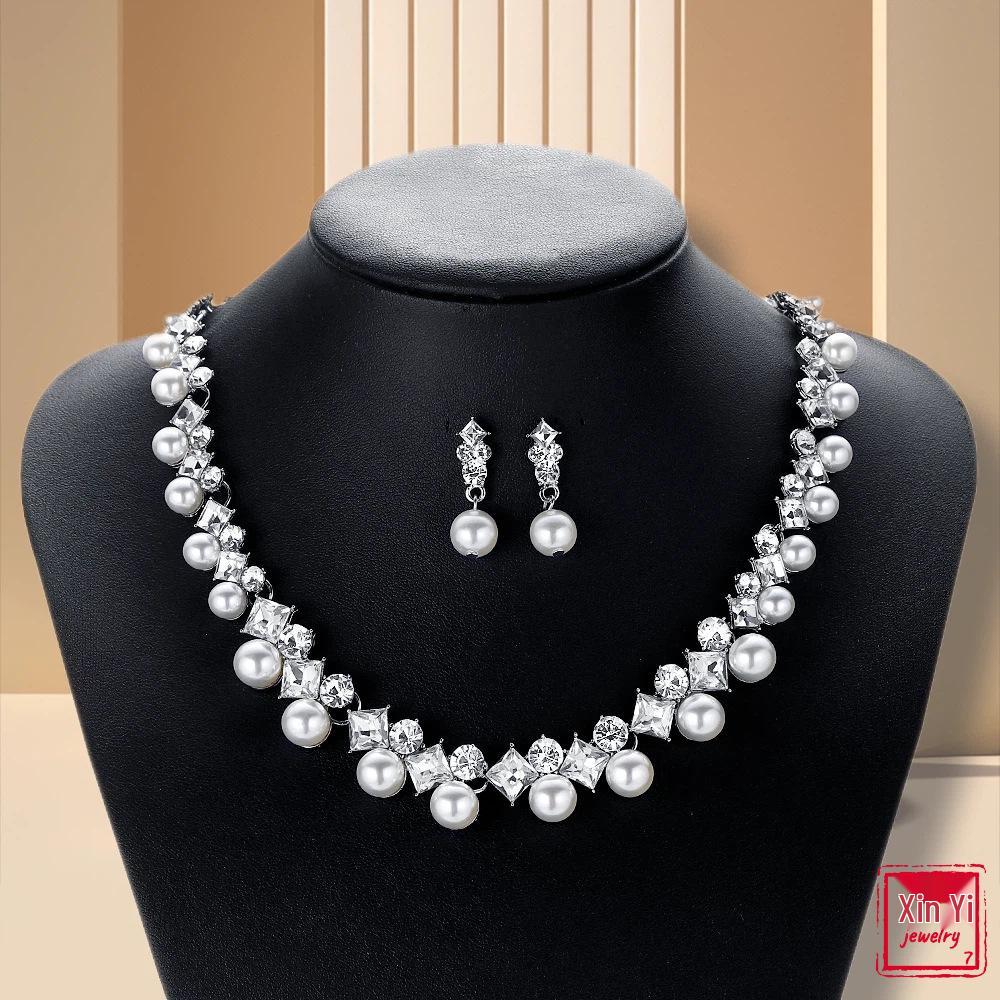 Elegant Pearl Necklace and Earring Set for Women - Versatile Fashion for Formal Events and Weddings серебряный