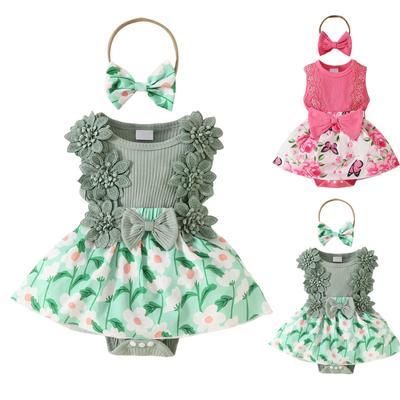 Baby Girl Sleeveless Lace Floral Bowknot Romper Dress with Headband Toddler One-piece Outfit Summer Style