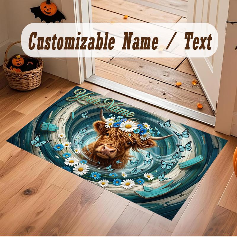 Highland Cow Theme Soft Crystal Velvet Rug Custom Name & Text Print Non Slip Floor Rug for Bedroom Living Room