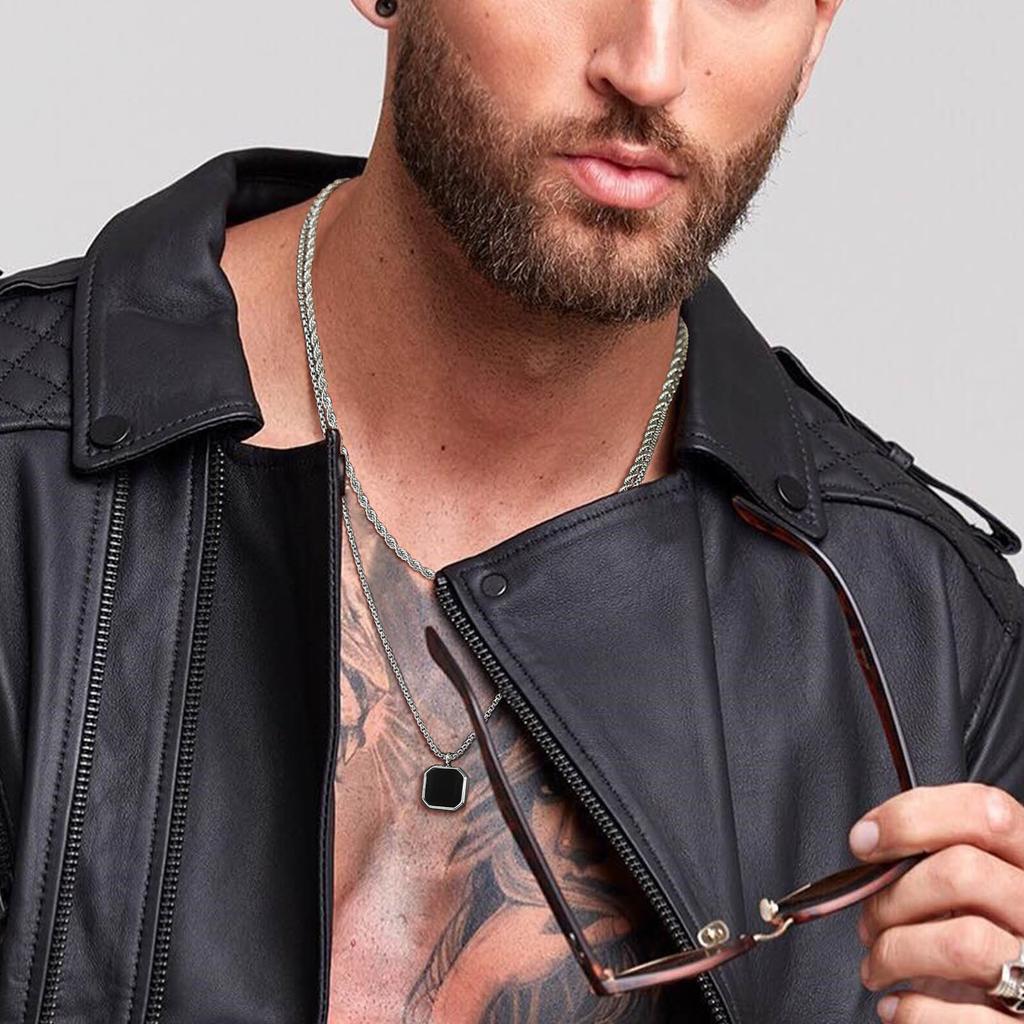 Vnox Stylish Mens Geometric Necklace with Black Enamel, Stainless Steel Metal Double Layered Chain Collar, Unique Gifts for Men