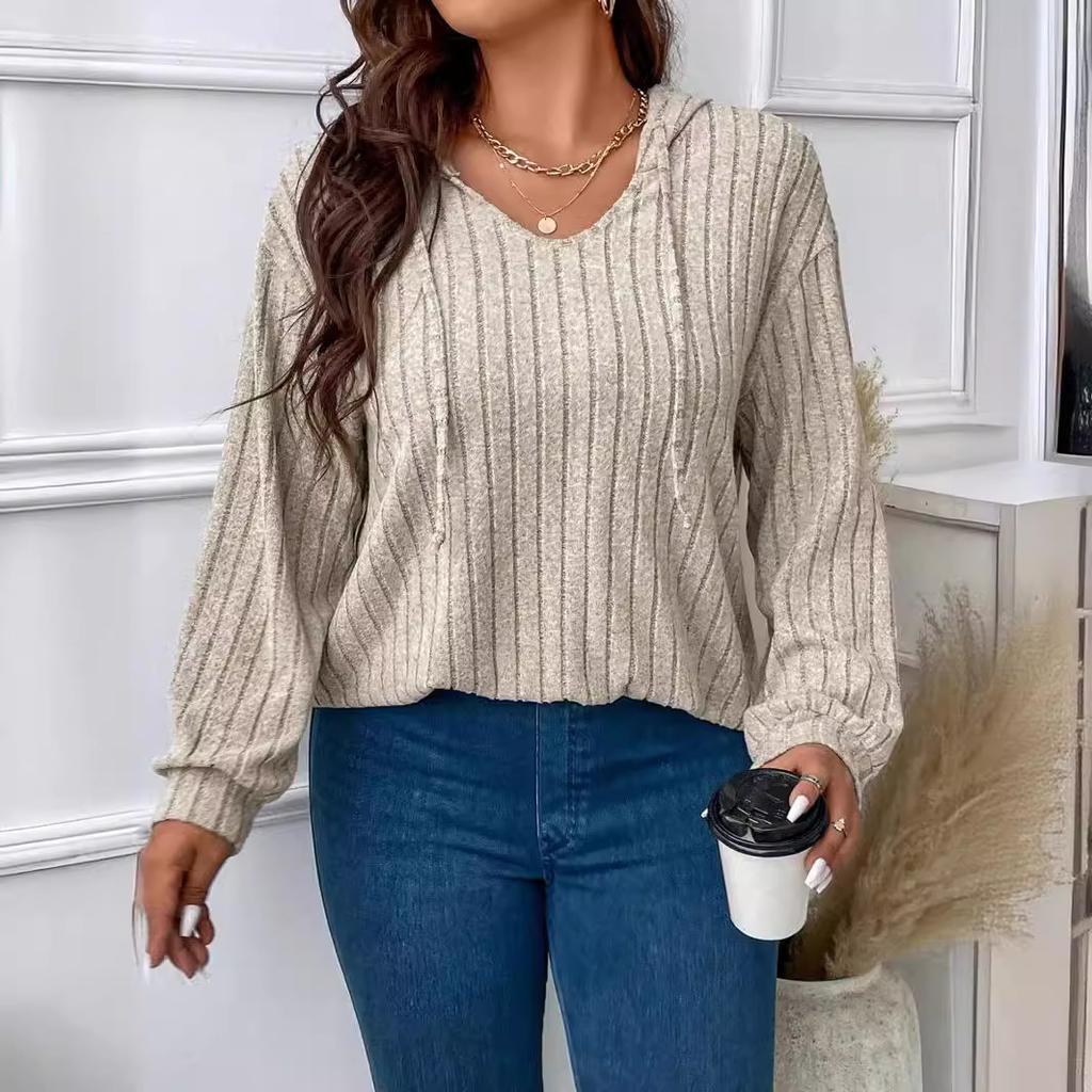Damen Plus Size Unifarben Gerippt V-Ausschnitt Mit Kapuze Langarm Locker Lässig Strickoberteil