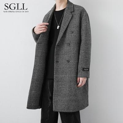 Men's Mid-Length British Style Houndstooth Wool Trench Coat