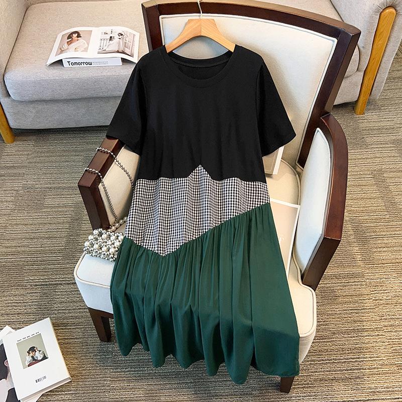 

Women s Plus Size French Patchwork A-Line Dress - Short Sleeve, Color Block, Irregular Pattern, Slimming, Summer Style 9XL (Recommended weight: 240-270 jin) зелений