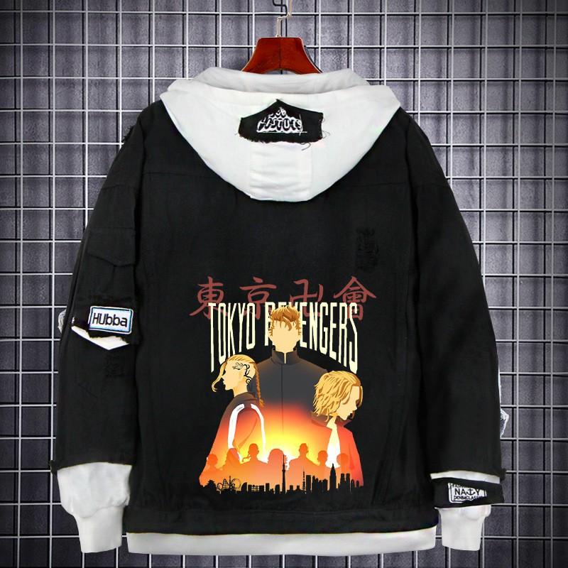 Tokyo Revengers Anime Denim Jacket Fake Two-piece Hoodie Men Youth Streetwear