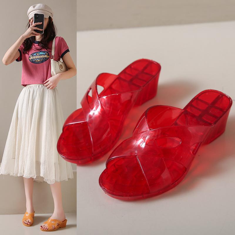 

Summer new crystal slippers women s wear non-slip and wear-resistant thick-soled medium-high heel wedge flat-bottomed outdoor cool slippers 36/37 жовтий