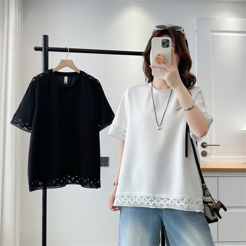 Plus Size Women's Hollow Out Shoulder Patchwork Top: Short Sleeve, Round Neck, Summer 2026 French Style Shirt.