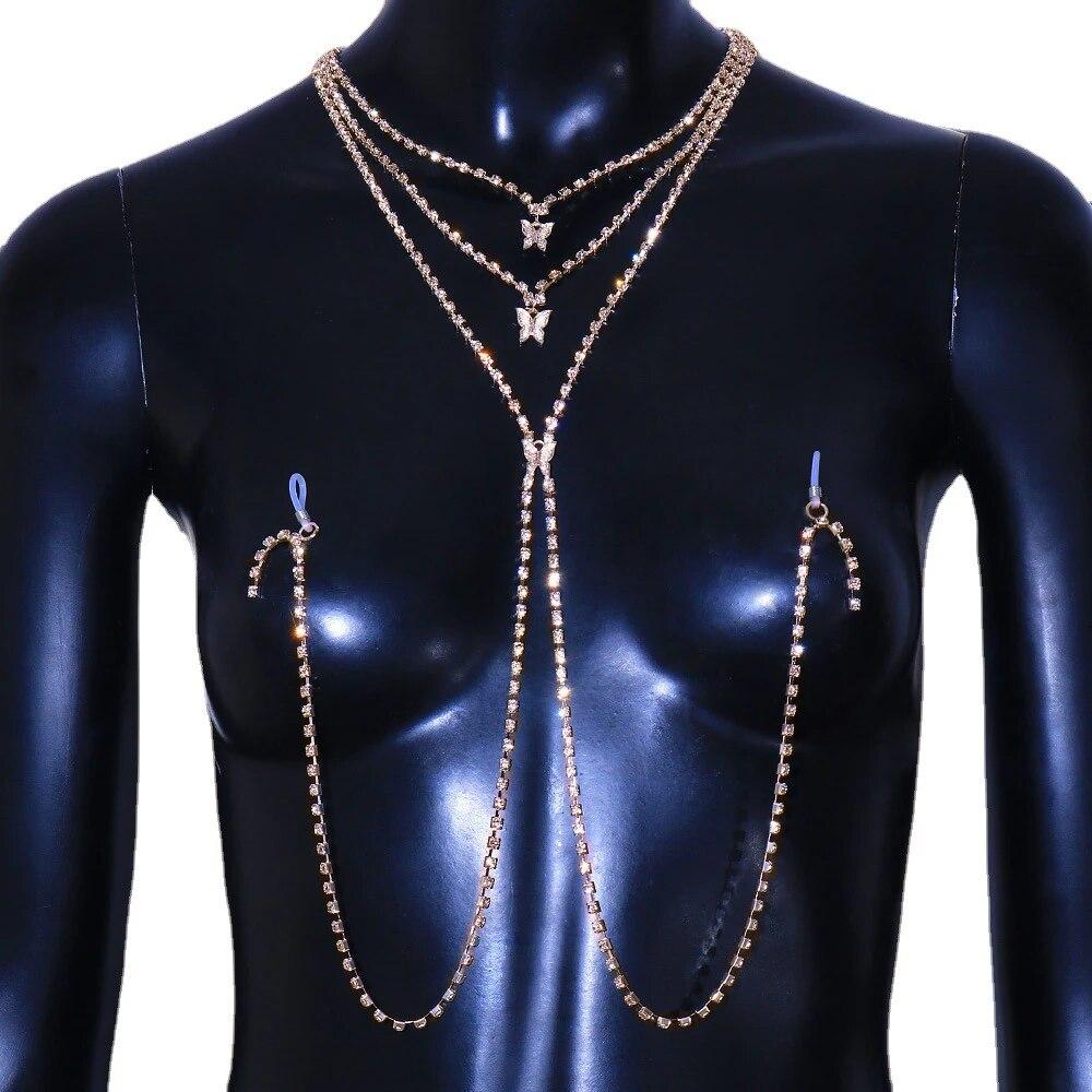 Sexy Rhinestone Chains Chest Chain Harness Waist Chain Breast Belly Body Jewelry Necklace For Women Party Clothing Accessories