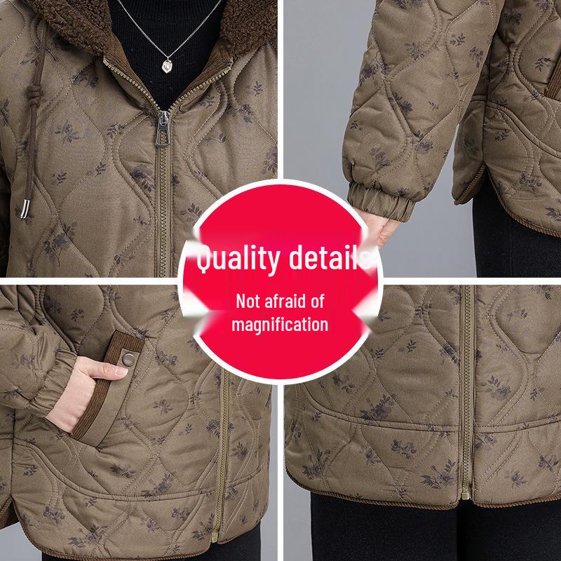 Stylish Plus Size Hooded Winter Coat for Middle-aged Women - Velvet Lined, Mid-length