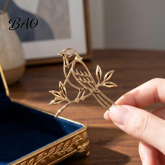 Elegant Bird Brooch Golden Plated Hollow Brooch, Standing on Branch Lapel Pin, Hats Bags Scarves Clothes Decorative Accessory Women Dresses Jewelry