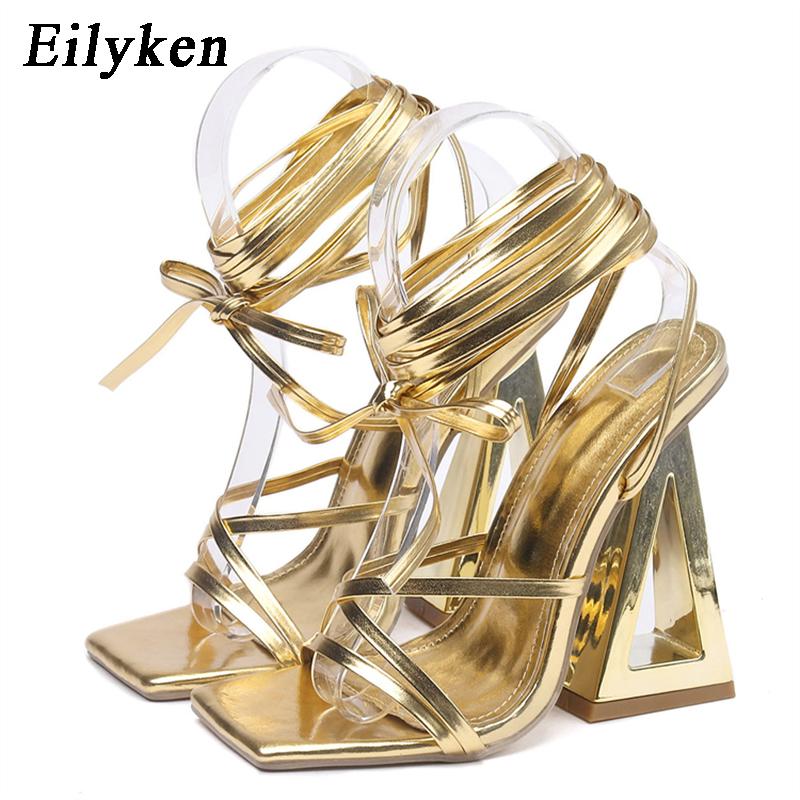Fashion Eilyken Size 35-42 Golden Party Square Toe Woman Sandals 2025 Fashion Ankle Lace-up Fretwork High Heels Female Shoes