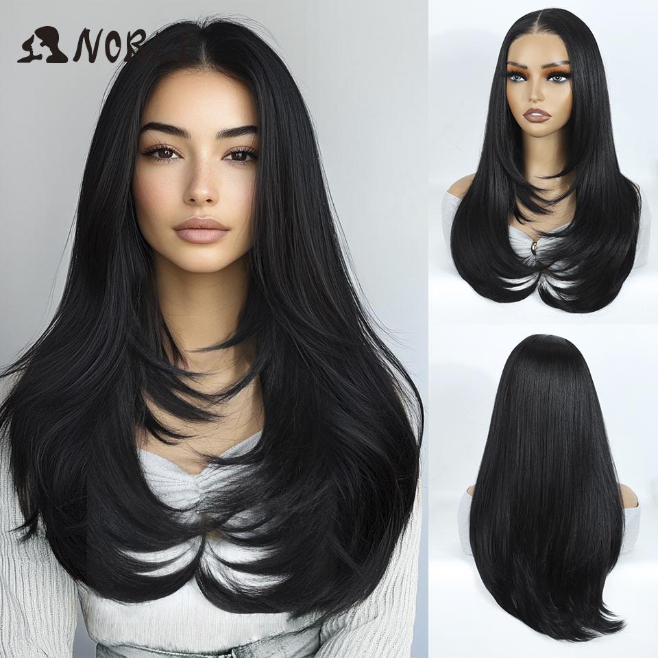 

Noble Synthetic Lace Front Wig 24 Inch Straight Lace Wig Ombre Brown 6x4 Pre Plucked Pre Cut Wear and Go Glueless Wigs For Woman (as the picture,130%&24inches&Lace Front)