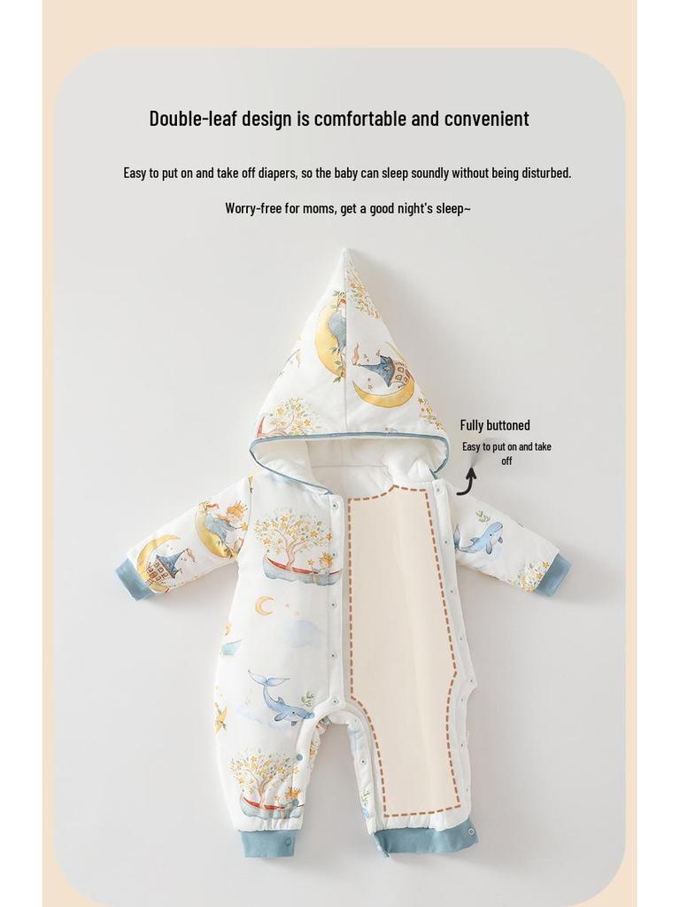 180g Thick Padded Hooded Baby Jumpsuit for Autumn/Winter - Warm Cotton Romper for Boys & Girls