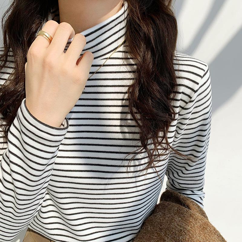 Women's Striped Half-High Neck Base Layer Top - Cozy Autumn/Winter Korean Style Innerwear
