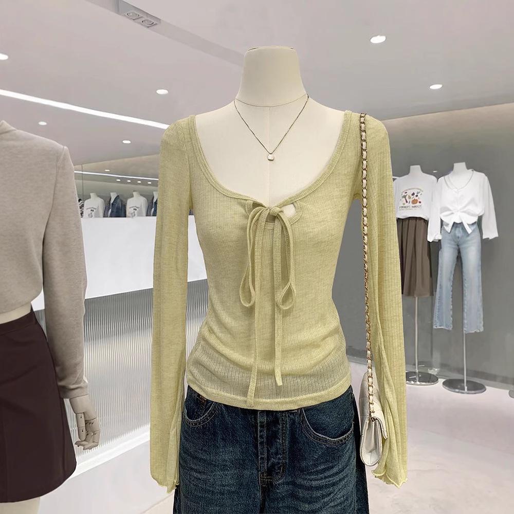 

Elegant Lace-Up Clavicle Slim Long-Sleeve U-Neck Top for Women S 85-95 cm