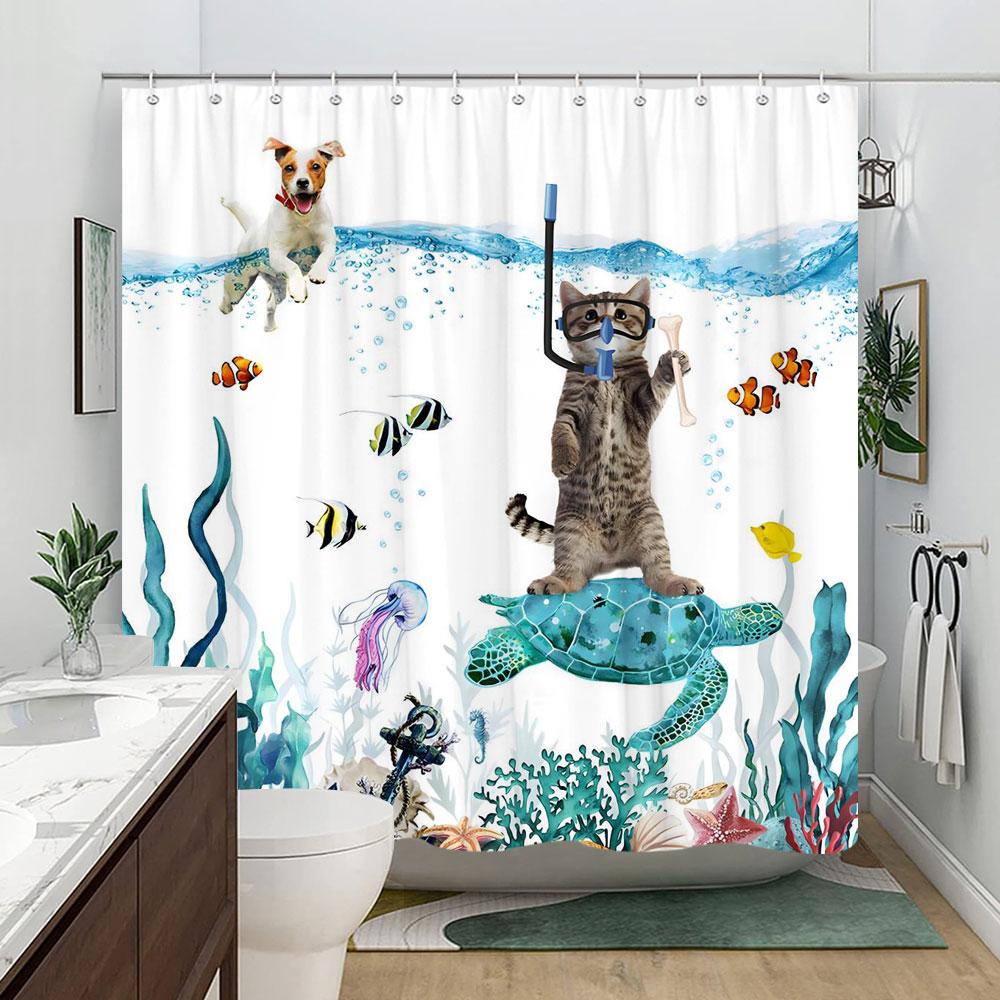 Funny Cat In Bathtub Bathing Cartoon Kids Shower Curtain Tyrannosaurus Rex Wave Polyester Fabric Shower Curtains Bathroom Decor