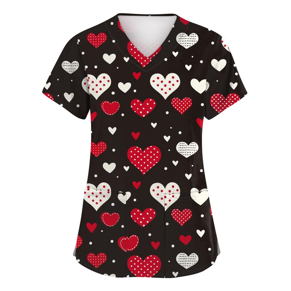 Women's Fashion Short-Sleeve Valentine's Day Print V-Neck Pocket Workwear Top