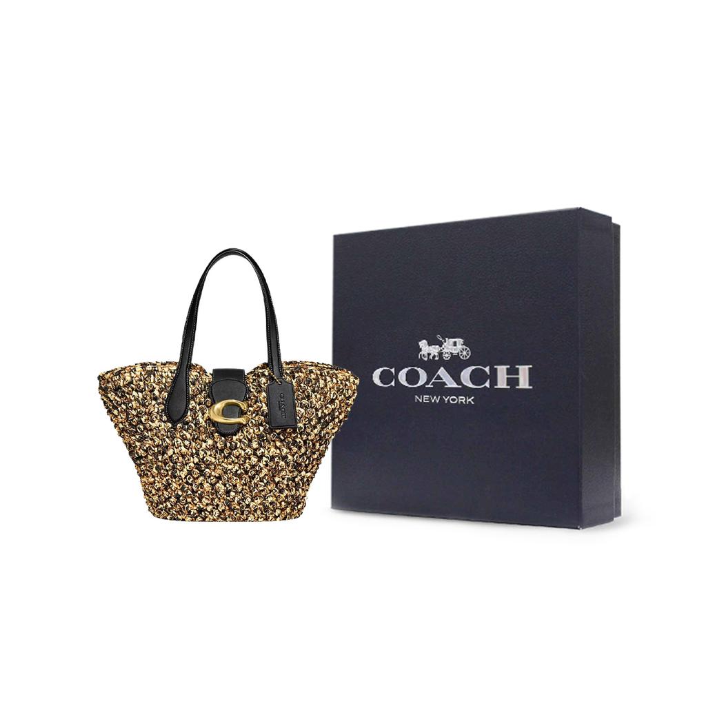 New COACH Straw Leather Dumpling Bag Handbag, Shoulder Bag Women's Gold & Black CH741-BNABK