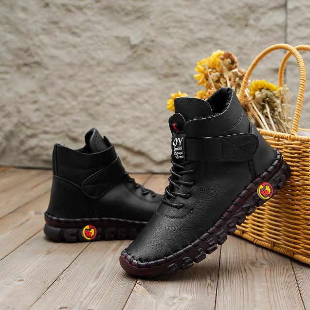 Zimní nadrozměrné šněrovací plyšové krátké boty Ručně šité bavlněné boty s měkkou podrážkou Pravá kůže Teplé plyšové protiskluzové krátké boty