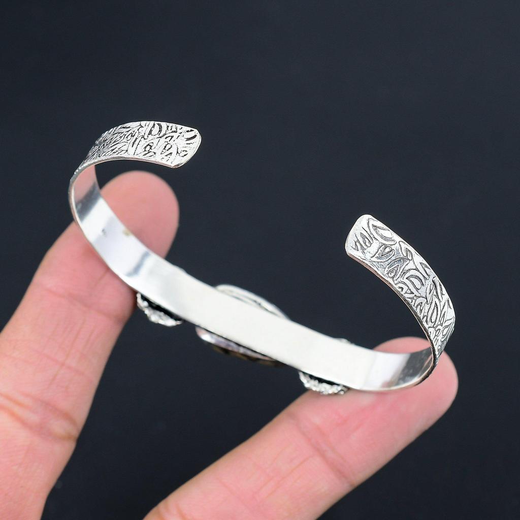 Natural Dendrite Tiger Gemstone 925 Sterling Silver Bangle Adjustable For Women
