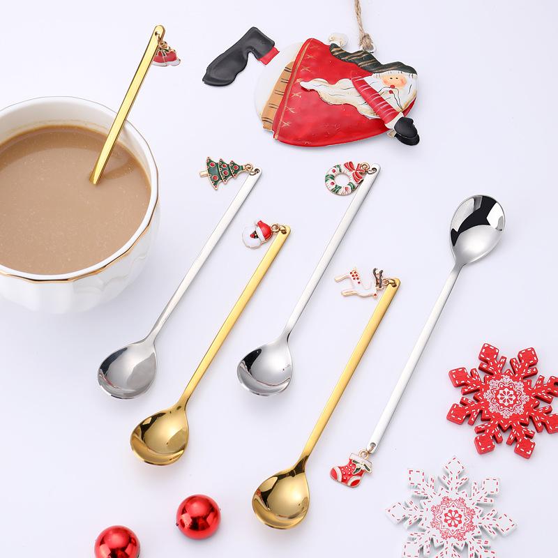 6 Christmas coffee spoons stainless steel Christmas tree snowman Christmas dessert tea spoons coffee dessert ice cream Sunday
