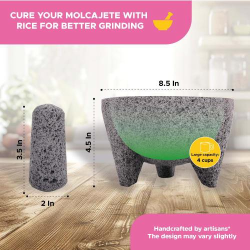 Molcajete 8-tommer, håndlaget i Mexico med naturlig vulkansk stein, et håndverksmessig kjøkkenredskap. Finkverner for kverning. Spesialdesignet for