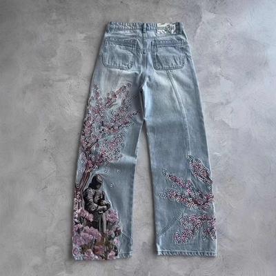 BeatStreet Vintage Cherry Blossom Black Knight Embroidery Jeans Y2k Retro Baggy Straight Denim Pants Blue Wash Jean