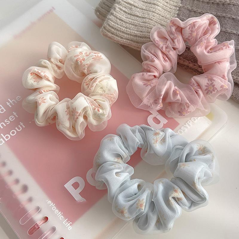 Summer Double Layer Silk Hair Scrunchies Girls Flower Print Sweet Ponytail Holder Elastic Hair Rope Korean Hair Accessories