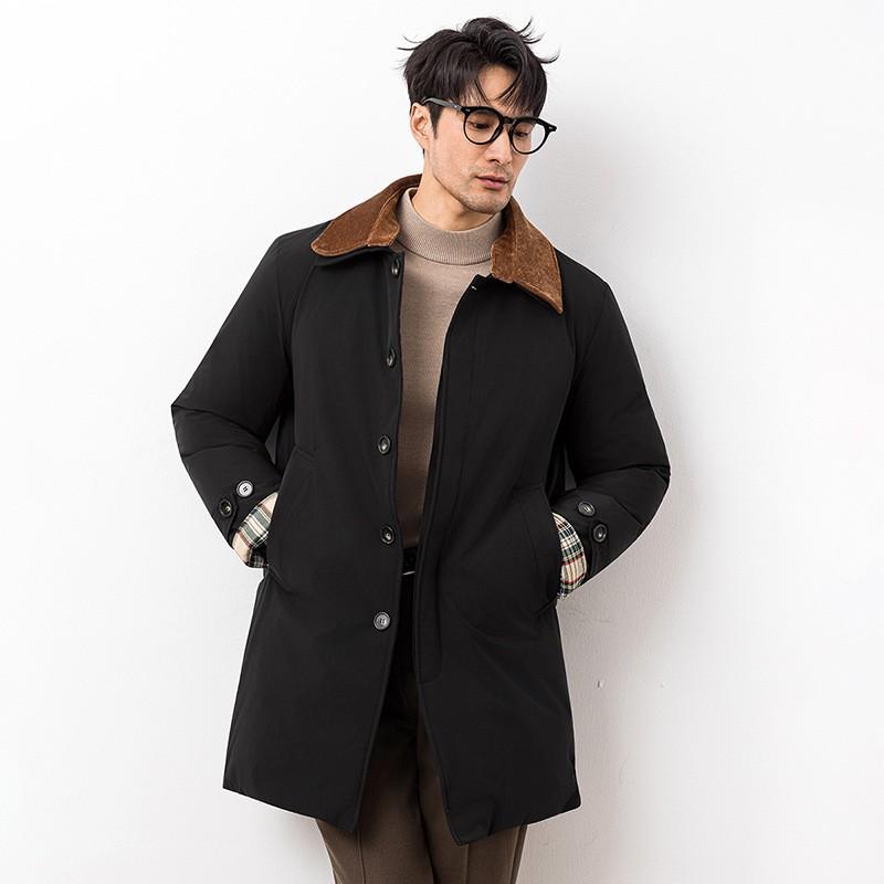 Mens Mid-Length Down Jacket Light Business Style Warm Winter Coat Slim Fit Solid Color Multiple Pockets