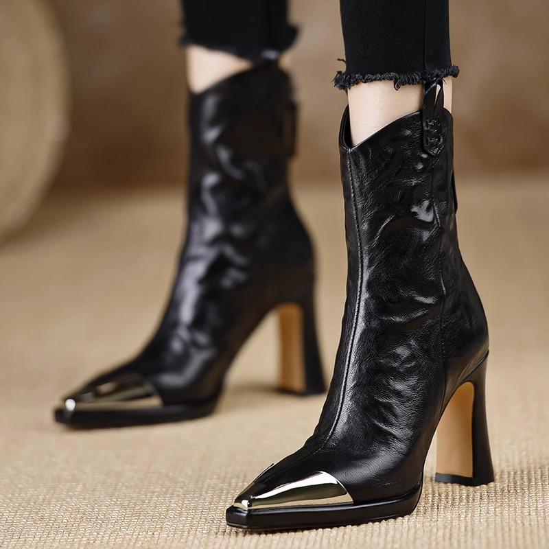 Foreign trade small ankle boots women's 2024 autumn and winter new sense pointed head thick heel leather boots high heels women's elegant short boots
