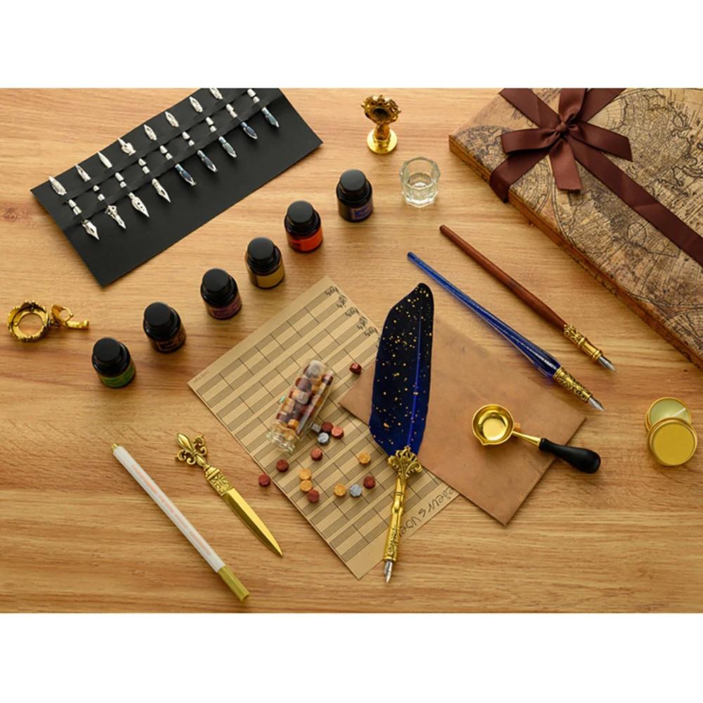 Antique Feather Dip Pen Ink Set Wax Sealing Stamp Kit Calligraphy Pen Letter Writer Pen Handwriting Feather Pen Wax Seal Stamp