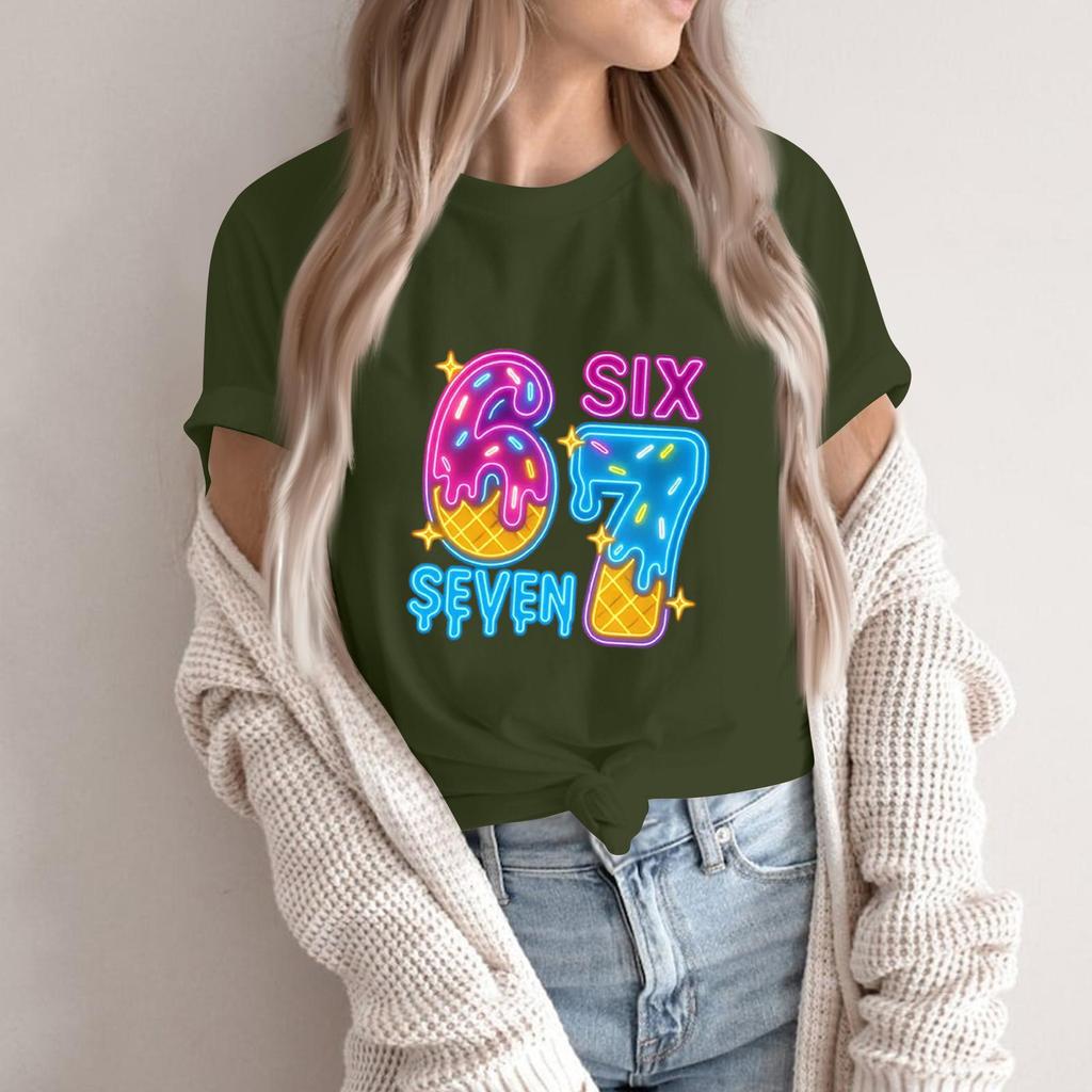 Women's Fashionable Casual Short Sleeved Printed T-Shirt Round Neck Top