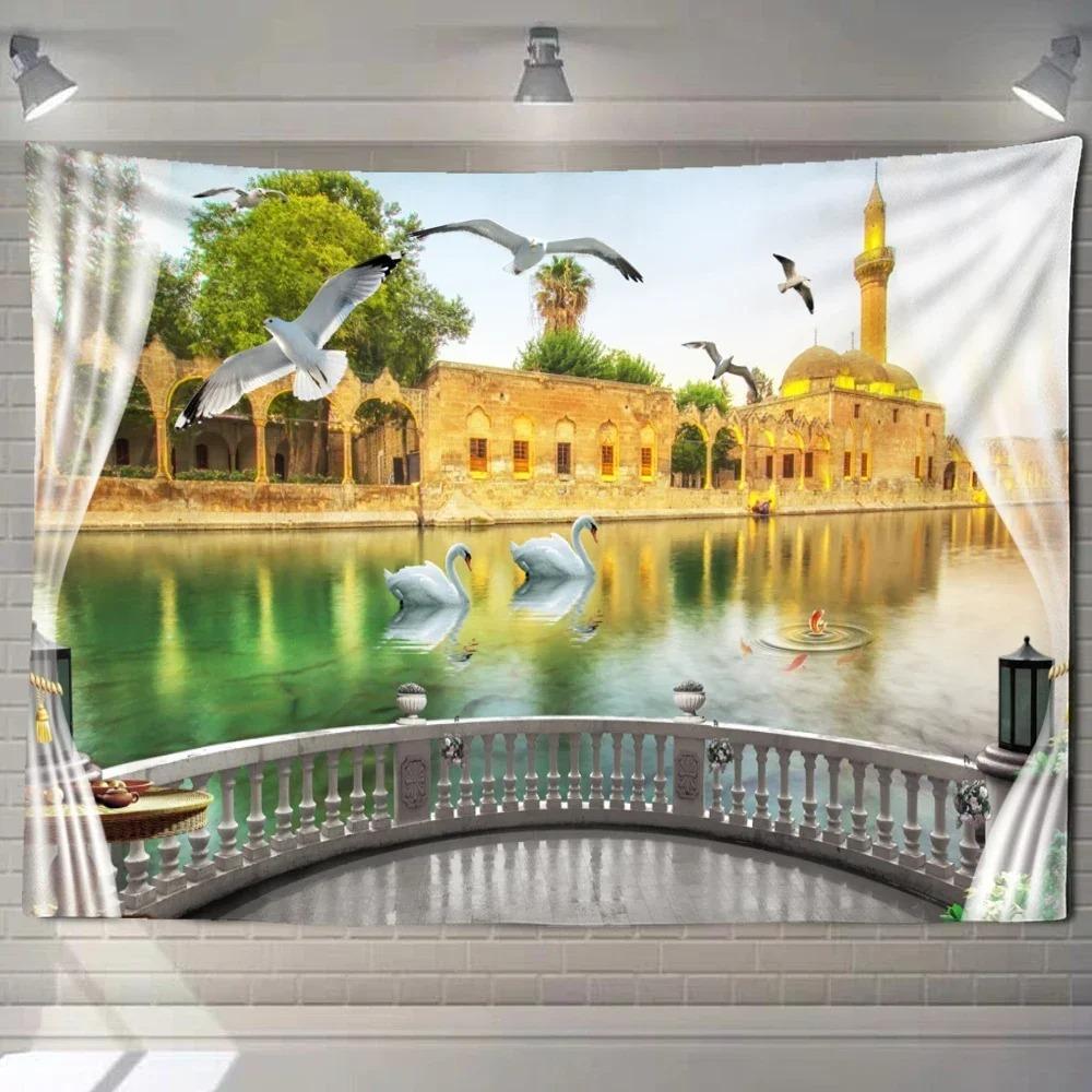 Home decoration natural ecological beach scenery imitation window paper art tapestry background wall room beautiful living room