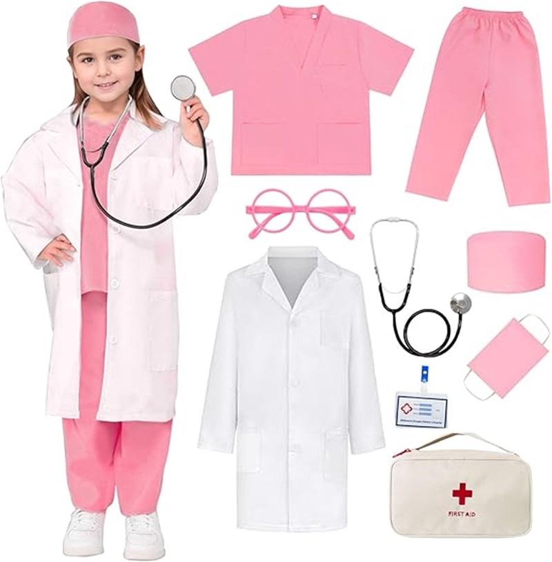 Kids Top+Pants+Coat+Accessories 9PCS Suits With Real Stethoscope For Kids Scrubs Halloween Costume Girls Boys Doctor Dress Up