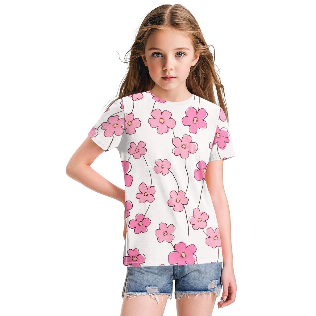Cute Floral Print Loose Casual Fashion Round Neck Short-Sleeved Top For Children